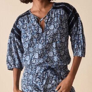 St. Roche NWT Hyperion Top Navy Beechwood Print Women’s Sz 2‎ Organic Cotton